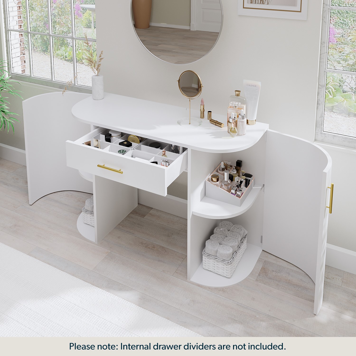 Read more about White and gold large dressing table with storage drawer and shelves lily